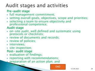 Pre-audit stage
 full management commitment;
 setting overall goals, objectives, scope and priorities;
 selecting a team to ensure objectivity and
professional competence;
Audit stage
 on-site audit, well defined and systematic using
protocols or checklists;
 review of documents and records;
 review of policies;
 interviews;
 site inspection;
Post- audit stage
 evaluation of findings;
 reporting with recommendations;
 preparation of an action plan; and
 Follow-up.
 12/28/2022 29
END
 