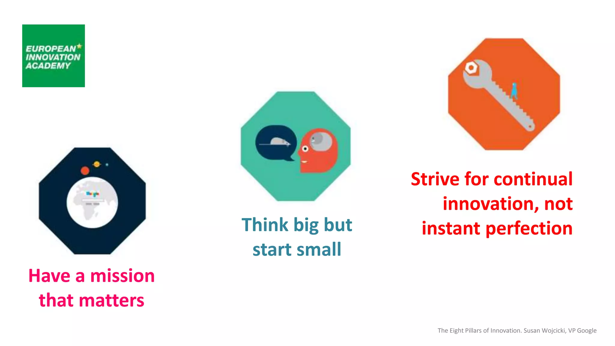The Eight Pillars of Innovation. Susan Wojcicki, VP Google
Have a mission
that matters
Think big but
start small
Strive for continual
innovation, not
instant perfection
 
