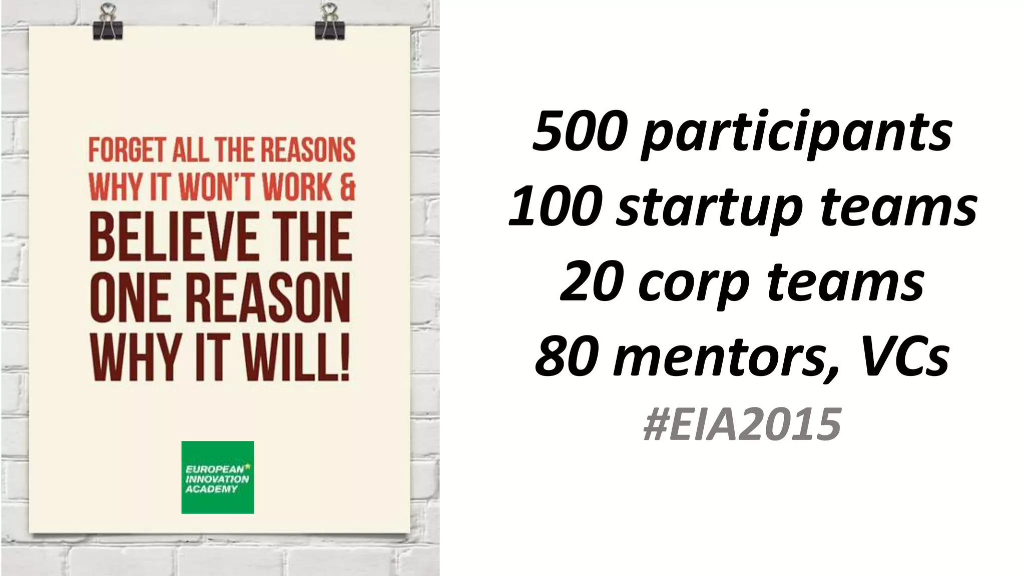 500 participants
100 startup teams
20 corp teams
80 mentors, VCs
#EIA2015
 