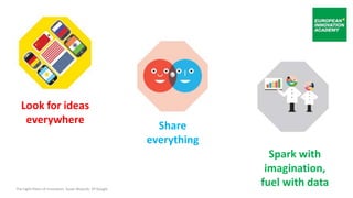 Look for ideas
everywhere
Share
everything
Spark with
imagination,
fuel with dataThe Eight Pillars of Innovation. Susan Wojcicki, VP Google
 