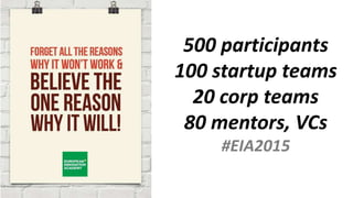 500 participants
100 startup teams
20 corp teams
80 mentors, VCs
#EIA2015
 