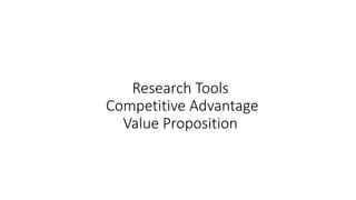 Research Tools
Competitive Advantage
Value Proposition
 