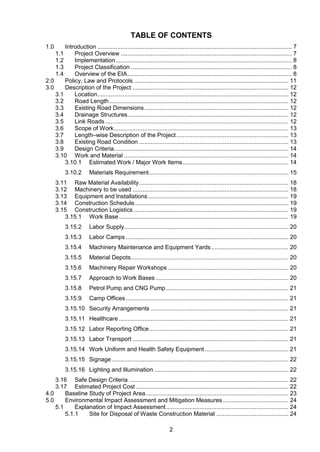 2
TABLE OF CONTENTS
1.0 Introduction .................................................................................................................... 7
1.1 Project Overview ...................................................................................................... 7
1.2 Implementation......................................................................................................... 8
1.3 Project Classification ................................................................................................ 8
1.4 Overview of the EIA.................................................................................................. 8
2.0 Policy, Law and Protocols ............................................................................................ 11
3.0 Description of the Project ............................................................................................. 12
3.1 Location.................................................................................................................. 12
3.2 Road Length........................................................................................................... 12
3.3 Existing Road Dimensions...................................................................................... 12
3.4 Drainage Structures................................................................................................ 12
3.5 Link Roads ............................................................................................................. 12
3.6 Scope of Work........................................................................................................ 13
3.7 Length–wise Description of the Project................................................................... 13
3.8 Existing Road Condition ......................................................................................... 13
3.9 Design Criteria........................................................................................................ 14
3.10 Work and Material .................................................................................................. 14
3.10.1 Estimated Work / Major Work Items............................................................... 14
3.10.2 Materials Requirement................................................................................... 15
3.11 Raw Material Availability......................................................................................... 18
3.12 Machinery to be used ............................................................................................. 18
3.13 Equipment and Installations.................................................................................... 19
3.14 Construction Schedule............................................................................................ 19
3.15 Construction Logistics ............................................................................................ 19
3.15.1 Work Base ..................................................................................................... 19
3.15.2 Labor Supply.................................................................................................. 20
3.15.3 Labor Camps ................................................................................................. 20
3.15.4 Machinery Maintenance and Equipment Yards.............................................. 20
3.15.5 Material Depots.............................................................................................. 20
3.15.6 Machinery Repair Workshops ........................................................................ 20
3.15.7 Approach to Work Bases ............................................................................... 20
3.15.8 Petrol Pump and CNG Pump......................................................................... 21
3.15.9 Camp Offices................................................................................................. 21
3.15.10 Security Arrangements .................................................................................. 21
3.15.11 Healthcare ..................................................................................................... 21
3.15.12 Labor Reporting Office................................................................................... 21
3.15.13 Labor Transport ............................................................................................. 21
3.15.14 Work Uniform and Health Safety Equipment.................................................. 21
3.15.15 Signage ......................................................................................................... 22
3.15.16 Lighting and Illumination ................................................................................ 22
3.16 Safe Design Criteria ............................................................................................... 22
3.17 Estimated Project Cost ........................................................................................... 22
4.0 Baseline Study of Project Area..................................................................................... 23
5.0 Environmental Impact Assessment and Mitigation Measures ....................................... 24
5.1 Explanation of Impact Assessment......................................................................... 24
5.1.1 Site for Disposal of Waste Construction Material ........................................... 24
 