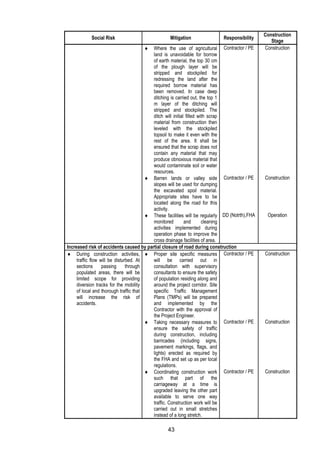 43
Social Risk Mitigation Responsibility
Construction
Stage
 Where the use of agricultural
land is unavoidable for borrow
of earth material, the top 30 cm
of the plough layer will be
stripped and stockpiled for
redressing the land after the
required borrow material has
been removed. In case deep
ditching is carried out, the top 1
m layer of the ditching will
stripped and stockpiled. The
ditch will initial filled with scrap
material from construction then
leveled with the stockpiled
topsoil to make it even with the
rest of the area. It shall be
ensured that the scrap does not
contain any material that may
produce obnoxious material that
would contaminate soil or water
resources.
Contractor / PE Construction
 Barren lands or valley side
slopes will be used for dumping
the excavated spoil material.
Appropriate sites have to be
located along the road for this
activity.
Contractor / PE Construction
 These facilities will be regularly
monitored and cleaning
activities implemented during
operation phase to improve the
cross drainage facilities of area.
DD (Notrth),FHA Operation
Increased risk of accidents caused by partial closure of road during construction
 During construction activities,
traffic flow will be disturbed. At
sections passing through
populated areas, there will be
limited scope for providing
diversion tracks for the mobility
of local and thorough traffic that
will increase the risk of
accidents.
 Proper site specific measures
will be carried out in
consultation with supervisory
consultants to ensure the safety
of population residing along and
around the project corridor. Site
specific Traffic Management
Plans (TMPs) will be prepared
and implemented by the
Contractor with the approval of
the Project Engineer.
Contractor / PE Construction
 Taking necessary measures to
ensure the safety of traffic
during construction, including
barricades (including signs,
pavement markings, flags, and
lights) erected as required by
the FHA and set up as per local
regulations.
Contractor / PE Construction
 Coordinating construction work
such that part of the
carriageway at a time is
upgraded leaving the other part
available to serve one way
traffic. Construction work will be
carried out in small stretches
instead of a long stretch.
Contractor / PE Construction
 