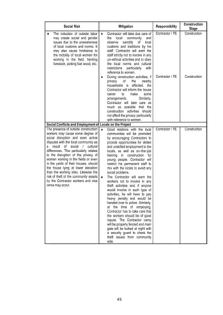 45
Social Risk Mitigation Responsibility
Construction
Stage
 The induction of outside labor
may create social and gender
issues due to the unawareness
of local customs and norms. It
may also cause hindrance to
the mobility of local women for
working in the field, herding
livestock, picking fuel wood, etc.
 Contractor will take due care of
the local community and
observe sanctity of local
customs and traditions by his
staff. Contractor will warn the
staff strictly not to involve in any
un–ethical activities and to obey
the local norms and cultural
restrictions particularly with
reference to women.
Contractor / PE Construction
 During construction activities, if
privacy of the nearby
households is affected, the
Contractor will inform the house
owner to make some
arrangements. Similarly,
Contractor will take care as
much as possible that the
construction activities should
not affect the privacy particularly
with reference to women.
Contractor / PE Construction
Social Conflicts and Employment of Locals on the Project
The presence of outside construction
workers may cause some degree of
social disruption and even active
disputes with the local community as
a result of social / cultural
differences. This particularly relates
to the disruption of the privacy of
women working in the fields or even
in the yards of their houses, should
the house lying at lower elevation
than the working sites. Likewise the
risk of theft of the community assets
by the Contractor workers and vice
versa may occur.
 Good relations with the local
communities will be promoted
by encouraging Contractors to
provide opportunities for skilled
and unskilled employment to the
locals, as well as on–the–job
training in construction for
young people. Contractor will
restrict his permanent staff to
mix with the locals to avoid any
social problems.
 The Contractor will warn the
workers not to involve in any
theft activities and if anyone
would involve in such type of
activities, he will have to pay
heavy penalty and would be
handed over to police. Similarly,
at the time of employing,
Contractor has to take care that
the workers should be of good
repute. The Contractor camp
will be properly fenced and main
gate will be locked at night with
a security guard to check the
theft issues from community
side.
Contractor / PE Construction
 