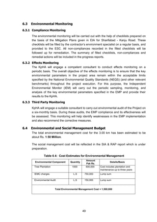 49
6.3 Environmental Monitoring
6.3.1 Compliance Monitoring
The environmental monitoring will be carried out with the help of checklists prepared on
the basis of the Mitigation Plans given in EIA for Sharifabad - Kanju Road. These
checklists will be filled by the contractor’s environment specialist on a regular basis, and
provided to the ESC. All non-compliances recorded in the filled checklists will be
followed up for remediation. The summary of filled checklists, non-compliances and
remedial actions will be included in the progress reports.
6.3.2 Effects Monitoring
The KpHA will engage a competent consultant to conduct effects monitoring on a
periodic basis. The overall objective of the effects monitoring is to ensure that the key
environmental parameters in the project area remain within the acceptable limits
specified by the National Environmental Quality Standards (NEQS) (and other relevant
benchmarks) throughout the project execution. For this purpose, the Independent
Environmental Monitor (IEM) will carry out the periodic sampling, monitoring, and
analysis of the key environmental parameters specified in the EMP and provide their
results to the KpHA.
6.3.3 Third Party Monitoring
KpHA will engage a suitable consultant to carry out environmental audit of the Project on
a six-monthly basis. During these audits, the EMP compliance and its effectiveness will
be assessed. This monitoring will help identify weaknesses in the EMP implementation
and also recommend the corrective measures.
6.4 Environmental and Social Management Budget
The total environmental management cost for the 3.00 km has been estimated to be
about Rs. 1.50 Million.
The social management cost will be reflected in the SIA & RAP report which is under
preparation.
Table 6.4: Cost Estimates for Environmental Management
Environmental Component Quantity
Amount
Pak Rs.
Details/Basis
Tree Plantation 1000 600,000 Cost includes plantation and
maintenance up to three years
IEMC charges L.S 750,000 Lump sum
Environmental Audit L.S 150,000 Lump sum
Total Environmental Management Cost = 1,500,000
 