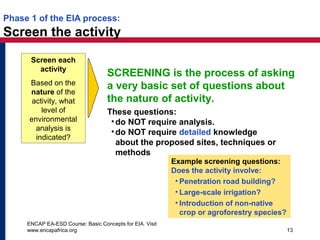 ENCAP EA-ESD Course: Basic Concepts for EIA. Visit
www.encapafrica.org 13
Phase 1 of the EIA process:
Screen the activity
Screen each
activity
Based on the
nature of the
activity, what
level of
environmental
analysis is
indicated?
SCREENING is the process of asking
a very basic set of questions about
the nature of activity.
These questions:
•do NOT require analysis.
•do NOT require detailed knowledge
about the proposed sites, techniques or
methods
Example screening questions:
Does the activity involve:
• Penetration road building?
• Large-scale irrigation?
• Introduction of non-native
crop or agroforestry species?
 