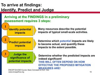 ENCAP EA-ESD Course: Basic Concepts for EIA. Visit
www.encapafrica.org 19
To arrive at findings:
Identify, Predict and Judge
Identify potential
impacts
Judge the
significance of
potential impacts
Predict potential
impacts
Arriving at the FINDINGS in a preliminary
assessment requires 3 steps:
Many resources describe the potential
impacts of typical small-scale activities.
Determine which potential impacts are likely
to become actual, and quantify these
impacts to the extent possible.
1
2
3 Determine whether the predicted impacts are
indeed significant!
THIS WILL OFTEN DEPEND ON HOW
EFFECTIVE THE PROPOSED MITIGATION
MEASURES ARE!
 