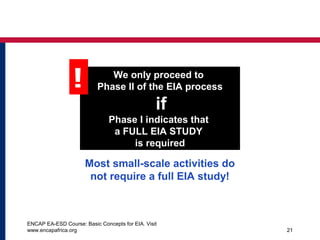 ENCAP EA-ESD Course: Basic Concepts for EIA. Visit
www.encapafrica.org 21
We only proceed to
Phase II of the EIA process
if
Phase I indicates that
a FULL EIA STUDY
is required
!
Most small-scale activities do
not require a full EIA study!
 