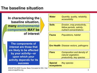 ENCAP EA-ESD Course: Basic Concepts for EIA. Visit
www.encapafrica.org 4
The baseline situation
In characterizing the
baseline situation,
many environmental
components MAY be
of interest
Water Quantity, quality, reliability,
accessibility
Soils Erosion, crop productivity,
fallow periods, salinity,
nutrient concentrations
Flora Composition and density of
natural vegetation,
productivity, key species
Fauna Populations, habitat
Special Key species
ecosystems
Env Health Disease vectors, pathogens
The components of
interest are those that
are likely to be affected
by your activity—or
upon which your
activity depends for its
success
 