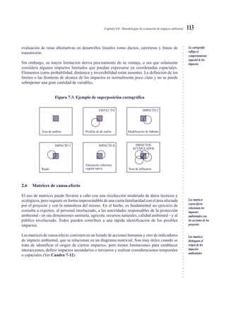 ○○○○○○○○○○○○○○○○○○○○○○○○○○○○○○○○○○○○○○○○○○○○○○○○○○○○○○○○○○○○○○○○○○○○○○○○○○○○○
Capítulo VII / Metodologías de evaluación de impacto ambiental 113
evaluación de rutas alternativas en desarrollos lineales como ductos, carreteras y líneas de
transmisión.
Sin embargo, su mayor limitación deriva precisamente de su ventaja, o sea que solamente
considera algunos impactos limitados que puedan expresarse en coordenadas espaciales.
Elementos como probabilidad, dinámica y reversibilidad están ausentes. La definición de los
límites o las fronteras de alcance de los impactos es normalmente poco clara y no se puede
sobreponer una gran cantidad de variables.
Figura 7-3. Ejemplo de superposición cartográfica
Área de análisis
IMPACTO
Pérdida de de suelos
IMPACTO 2
Modificación de hábitats
IMPACTO 3
Ruido
IMPACTO 4
Alteración cobertura
vegetal nativa Área de influencia
IMPACTOS
ACUMULADOS
2.6 Matrices de causa-efecto
El uso de matrices puede llevarse a cabo con una recolección moderada de datos técnicos y
ecológicos, pero requiere en forma imprescindible de una cierta familiaridad con el área afectada
por el proyecto y con la naturaleza del mismo. En el hecho, es fundamental un ejercicio de
consulta a expertos, al personal involucrado, a las autoridades responsables de la protección
ambiental - en sus dimensiones sanitaria, agrícola, recursos naturales, calidad ambiental - y al
público involucrado. Todos pueden contribuir a una rápida identificación de los posibles
impactos.
Las matrices de causa-efecto consisten en un listado de acciones humanas y otro de indicadores
de impacto ambiental, que se relacionan en un diagrama matricial. Son muy útiles cuando se
trata de identificar el origen de ciertos impactos, pero tienen limitaciones para establecer
interacciones, definir impactos secundarios o terciarios y realizar consideraciones temporales
o espaciales (Ver Cuadro 7-12).
La cartografía
refleja el
comportamiento
espacial de los
impactos
Las matrices
causa-efecto
relacionan los
impactos
ambientales con
las acciones de los
proyectos
Las matrices
distinguen el
origen de los
impactos
ambientales
 