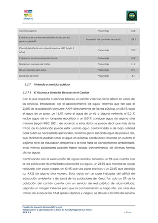 Control posparto                                                       Porcentaje                     23.8


Cobertura de control prenatal efectuada por los
                                                             Promedio (de controles de salud)         109.2
servicios del MSP


Control del niño/a sano atendido por el MSP (hasta 5
                                                                       Porcentaje                     33.7
años)

Cobertura de la inmunización infantil                                  Porcentaje                     39.8

Diarrea en menores de 5 años                                           Porcentaje                     21.2

IRA en menores de 5 años                                               Porcentaje                     39.4

Bajo peso al nacer                                                     Porcentaje                         8.7



     3.3.7    Vivienda y servicios básicos


   3.3.7.1    El Acceso a Servicios Básicos en el Cantón

   Con lo que respecta a servicios básicos, el cantón Valencia tiene déficit en varios de
   los servicios. Empezando por el abastecimiento de agua, tenemos que tan solo el
   23.8% de la población consume AAPP directamente de la red pública, un 58.7% saca
   el agua de un pozo, un 16,1% toma el agua de un rio o alguna vertiente, el 0,01%
   recibe agua de un tanquero repartidor y un 0,01% consigue agua de alguna otra
   manera (según INEC 2001); de acuerdo a estos datos se puede decir que más de la
   mitad de la población puede estar usando agua contaminada o de baja calidad
   para cubrir sus necesidades personales, tenemos gente sacando agua de pozos o ríos,
   que fácilmente podrían tener el agua en pésimas condiciones teniendo en cuenta el
   bajísimo nivel de educación ambiental o la total falta de conocimientos ambientales,
   estos mismos pobladores pueden haber estado contaminando de diversas formas
   dichas aguas.

   Continuando con la evacuación de aguas servidas, tenemos un 5% que cuenta con
   la red pública de alcantarillado para recibir sus aguas, un 28.9% que maneja las aguas
   residuales con pozos ciegos, un 43.4% que usa pozos sépticos y un 22.6% que desaloja
   sus AASS de alguna otra manera. Estos datos son un claro indicador del déficit de
   educación ambiental y de salud de los pobladores del área. Tan solo un 5% de la
   población del cantón cuenta con un servicio de red pública de alcantarillado,
   dejando un margen inmenso para que la contaminación se haga sitio. Las otras dos
   formas de evacuar las AASS (pozos sépticos y ciegos), se deben a la falta del servicio




   Estudio de Impacto Ambiental Ex-post
   Instalaciones y Operación de la Base de Aerofumigación Los Pérez
   AIFA S.A                                                                                     – 114 –
 