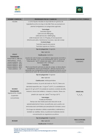 NOMBRE COMERCIAL                         PROPIEDADES FISICAS Y QUIMICAS                       ELEMENTO ACTIVO /FORMULA
        miscible                y como líquido miscible en equivalentes en gramos de
                             ingrediente activo (I.A./kg o l) de: 860. Para uso exclusivo en
                                    plantas fumigadoras con plaguicidas agrícolas

                                                      Toxicología
                                                   Toxicidad aguda
                                               LD50 oral rata 980mg/kg,
                                            LD50 dermal rata >2000mg/kg,
                                  LD50 inhalación rata >2,19mg/kg, 4h de exposición
                              Irritante para piel y membranas mucosas y ojos del conejo
                                                    Ecotoxicología
                                             Toxicidad aguda para peces
                                             Toxicidad agudas en Dafnia s

                                             Tipo de plaguicida: Fungicida

                                                     Uso: Agrícola
        VOLLEY                                  Clasificación: Morfolina
     Presentación:
VOLLEY 88 OL / 880 G/L      Liquido de color incoloro a amarillento, ligeramente aromático,
                              punto de fusión -16 C, punto de ebullición: 370 °C, punto de          FENPROPIMORF
 Barril plástico 210.0l ,      inflamación: 142 °C, presión de vapor . ( 20 C ) 2.5 E-5 bar.          C20H33NO
caneca plástica 5.0l ,                         Densidad: 0.92 – 0.94 Kg/ l.
caneca plástica 10.0l ,
caneca plástica 20.0l ,                                Toxicidad:
caneca plástica 60.0l ,     Efecto de irritación primaria en pile de conejo, no tiene efecto
  frasco plástico 1.0l        sensibilizarte, nocivo por inhalación, efectos nocivos en el
                            desarrollo, por consiguiente se evita cualquier contacto con las
                            personas en razón de que puede ser perjudicial para la salud.

                                             Tipo de plaguicida: Fungicida

                                                     Uso: Agrícola

                                            Clasificación: Anilinopyrimidine

                              Cristales incoloros. Su punto de fusión es 96.3 °C. Tiene una
                                                                 3
                             densidad específica de 1.15 g/cm a 20 °C. Su solubilidad en
       SIGANEX              agua 0.121 g/l a 25 °C. Es soluble en acetona, acetato de etilo,
     Presentación:           metanol, cloruro de metileno, n-hexano y tolueno. Tiene una              PIRIMETANIL
 Siganex 60 Sc, 54.600,                                              -5
                                     presión de vapor de 1.65x10 mm Hg a 25 °C                         C H N
      Suspensión                                                                                         12   13   3


     concentrada                                      Toxicología :
                                                  Puede ser fitotóxico
                                   Tiempo de vida media para esta reacción es de
                              aproximadamente 2 horas. Las partículas, por su parte, son
                             removidas de la atmósfera por precipitación húmeda y seca

                              En el agua se adsorbe a sólidos suspendidos y sedimentos y
                              también se volatiliza. Tiene un potencial moderado de bio
                                       concentración en organismos acuáticos

                                             Tipo de plaguicida: Fungicida
                                                                                                    PIRACLOSTROBIN
       REGNUM                                        Uso: Agrícola
                                                                                                     C19H18CIN3O4
                                                Clasificación: Strobilurin



           Estudio de Impacto Ambiental Ex-post
           Instalaciones y Operación de la Base de Aerofumigación Los Pérez
           AIFA S.A                                                                                    – 171 –
 