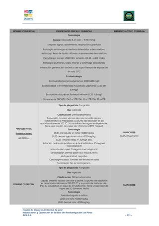 NOMBRE COMERCIAL                       PROPIEDADES FISICAS Y QUIMICAS                        ELEMENTO ACTIVO /FORMULA
                                                   Toxicología

                                    Peroral: rata LD50 5,61 (3,31 – 9,98) ml/kg

                              Mayores signos: abatimiento, respiración superficial

                          Patología: estómago e intestinos distendidos y descoloridos;
                         estómago lleno de íquido; riñones y suprarrenales descoloridos

                           Percutáneo: conejo LD50 24Hr ocluido 4 (2,45 – 6,63) ml/kg

                          Patología: pulmones, bazo, riñones y estómago descolorido

                        Inhalación generación dinámica de vapor Tiempo de exposición
                                                  6h rata 21°C

                                                 Ecotoxicología

                                Ecotoxicidad a microorganismos: IC50 3600 mg/l

                         Ecotoxicidad a Invertebrados Acuaticos: Daphania LC50 48h
                                                     8,4mg/l

                             Ecotoxicidad a peces: Fathead Minnow LC50 1,8 mg/l

                          Consumo de DBO (%): Dia5 – 17%, Día 10 – 17%, Día 20 – 42%

                                         Tipo de plaguicida: Fungicida

                                                  Uso: Agrícola

                                        Clasificación: Dithiocarbamatos
                              Suspensión acuosa, viscosa de color amarillo de olor
                           característico al mancozeb. Su punto de ebullición es de
                        aproximadamente 100 °C. Su solubilidad en agua es dispersable.
                            Tiene una presión de vapor de 17mmHg a 20°C /(agua)
  PROTEZEB 40 SC                                   Toxicología
  Presentaciones:                   DL50 oral aguda en ratas >5000mg/kg,                            MANCOZEB
                                   DL50 dermal aguda en ratas >2000mg/kg,                        (C4H6Mn2S4)X(Zn)y
    60-200litros
                                      CL50 (4 horas ratas) >1,42mg/l aire,
                          Irritación de los ojos positiva en 6 de 6 individuos. Categoria
                                                   toxicológica III
                                 Irritación de la piel: Categoría toxicológica IV
                                 Sensibiliación dermal positiva (si induce, leve)
                                           Mutagenicidad: negativo
                                Carcinogenicidad: Tumores del tiroides en ratas
                                        Teratología: No es teratogenico.

                                         Tipo de plaguicida: Fungicida

                                                  Uso: Agrícola

                                        Clasificación: Dithiocarbamatos
                        Líquido amarillo viscoso con olor a azufre. Su punto de ebullición
DITHANE OS SPECIAL      es de aproximadamente 232-275 °C y su punto de fusión es de -
                       8°C. Su solubilidad en agua es emulsificante. Tiene una presión de           MANCOZEB
                                           vapor de 5,2 Solvente, Nafta
                                                   Toxicología
                                           Toxicidad aguda o crítica
                                          LD50 oral rata >5000mg/kg,
                                         LD50 dermal rata >5000mg/kg,


        Estudio de Impacto Ambiental Ex-post
        Instalaciones y Operación de la Base de Aerofumigación Los Pérez
        AIFA S.A                                                                                     – 173 –
 
