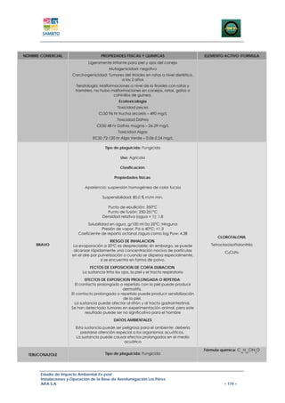 NOMBRE COMERCIAL                       PROPIEDADES FISICAS Y QUIMICAS                        ELEMENTO ACTIVO /FORMULA
                               Ligeramente Irritante para piel y ojos del conejo
                                            Mutagenicidad: negativo
                       Carcinogenicidad: Tumores del tiroides en ratas a nivel dietético,
                                               a los 2 años
                        Teratología: Malformaciones a nivel de la tiroides con ratas y
                        hamsters, no hubo malformaciones en conejos, ratas, gatos o
                                            cohinillos de guinea.
                                                  Ecotoxicología
                                                 Toxicidad peces
                                     CL50 96 hr trucha arcoriris – 490 mg/L
                                                 Toxicidad Dafnia
                                    CE50 48 hr Dafnia magna – 26-29 mg/L
                                                 Toxicidad Algas
                                  EC50 72-120 hr Alga Verde – 0,06-2,24 mg/L

                                         Tipo de plaguicida: Fungicida

                                                   Uso: Agrícola

                                                   Clasificación:

                                               Propiedades físicas:

                             Apariencia: suspensión homogénea de color fucsia

                                        Suspensibilidad: 80.0 % m/m min.

                                          Punto de ebullición: 350°C
                                          Punto de fusión: 250-251°C
                                        Densidad relativa (agua = 1): 1.8
                               Solubilidad en agua, g/100 ml 0a 25°C: Ninguna
                                        Presión de vapor, Pa a 40°C: <1.3
                          Coeficiente de reparto octanol /agua como log Pow: 4.38
                                                                                                   CLOROTALONIL
                                             RIESGO DE INHALACION
     BRAVO             La evaporación a 20°C es despreciable; sin embargo, se puede             Tetracloroisoftalonitrilo
                        alcanzar rápidamente una concentración nociva de partículas                     C8Cl4N2
                       en el aire por pulverización o cuando se dispersa especialmente,
                                       si se encuentra en forma de polvo.
                                FECTOS DE EXPOSICION DE CORTA DURACION
                            La sustancia irrita los ojos, la piel y el tracto respiratorio
                              EFECTOS DE EXPOSICION PROLONGADA O REPETIDA
                        El contacto prolongado o repetido con la piel puede producir
                                                  dermatitis.
                      El contacto prolongado o repetido puede producir sensibilización
                                                  de la piel.
                        La sustancia puede afectar al riñón y al tracto gastrointestinal.
                      Se han detectado tumores en experimentación animal, pero este
                              resultado puede ser no significativo para el hombre
                                               DATOS AMBIENTALES
                        Esta sustancia puede ser peligrosa para el ambiente; debería
                           prestarse atención especial a los organismos acuáticos.
                        La sustancia puede causar efectos prolongados en el medio
                                                  acuático

                                                                                             Fórmula química: C H ClN O
  TEBUCONAZOLE                           Tipo de plaguicida: Fungicida                                            16   22   3




       Estudio de Impacto Ambiental Ex-post
       Instalaciones y Operación de la Base de Aerofumigación Los Pérez
       AIFA S.A                                                                                        – 174 –
 