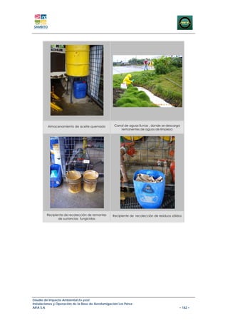 Almacenamiento de aceite quemado           Canal de aguas lluvias , donde se descarga
                                                       remanentes de aguas de limpieza




         Recipiente de recolección de remantes     Recipiente de recolección de residuos sólidos
                de sustancias fungicidas




Estudio de Impacto Ambiental Ex-post
Instalaciones y Operación de la Base de Aerofumigación Los Pérez
AIFA S.A                                                                                      – 182 –
 