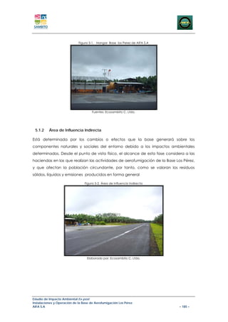 Figura 5-1. Hangar Base los Perez de AIFA S.A




                                      Fuentes: Ecosambito C. Ltda.




 5.1.2    Área de Influencia Indirecta

Está determinada por los cambios o efectos que la base generará sobre los
componentes naturales y sociales del entorno debido a los impactos ambientales
determinados. Desde el punto de vista físico, el alcance de esta fase considera a las
haciendas en las que realizan las actividades de aerofumigación de la Base Los Pérez,
y que afectan la población circundante, por tanto, como se valoran los residuos
sólidos, líquidos y emisiones producidos en forma general

                                 Figura 5-2. Área de Influencia Indirecta




                                  Elaborado por: Ecosambito C. Ltda.




Estudio de Impacto Ambiental Ex-post
Instalaciones y Operación de la Base de Aerofumigación Los Pérez
AIFA S.A                                                                     – 185 –
 