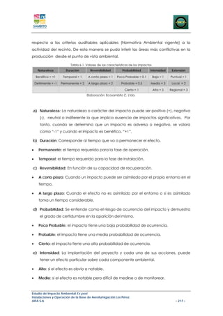 respecto a los criterios auditables aplicables (Normativa Ambiental vigente) a la
actividad del recinto. De esta manera se pudo inferir las áreas más conflictivas en la
producción desde el punto de vista ambiental.

                           Tabla 6-1. Valores de las características de los impactos
      Naturaleza         Duración        Reversibilidad        Probabilidad        Intensidad      Extensión

    Benéfico = +1      Temporal = 1    A corto plazo = 1   Poco Probable = 0.1         Baja = 1   Puntual = 1

    Detrimente = -1   Permanente = 2   A largo plazo = 2      Probable = 0.5       Media = 3       Local = 2

                                                                 Cierto = 1            Alta = 5   Regional = 3
                                       Elaboración: Ecosambito C. Ltda.




a) Naturaleza: La naturaleza o carácter del impacto puede ser positiva (+), negativa
       (-), neutral o indiferente lo que implica ausencia de impactos significativos. Por
       tanto, cuando se determina que un impacto es adverso o negativo, se valora
       como “-1” y cuando el impacto es benéfico, “+1”.

b) Duración: Corresponde al tiempo que va a permanecer el efecto.

•     Permanente: el tiempo requerido para la fase de operación.

•     Temporal: el tiempo requerido para la fase de instalación.

c) Reversibilidad: En función de su capacidad de recuperación.

•     A corto plazo: Cuando un impacto puede ser asimilado por el propio entorno en el
      tiempo.

•     A largo plazo: Cuando el efecto no es asimilado por el entorno o si es asimilado
      toma un tiempo considerable.

d) Probabilidad: Se entiende como el riesgo de ocurrencia del impacto y demuestra
       el grado de certidumbre en la aparición del mismo.

•     Poco Probable: el impacto tiene una baja probabilidad de ocurrencia.

•     Probable: el impacto tiene una media probabilidad de ocurrencia.

•     Cierto: el impacto tiene una alta probabilidad de ocurrencia.

e) Intensidad: La implantación del proyecto y cada una de sus acciones, puede
       tener un efecto particular sobre cada componente ambiental.

•     Alto: si el efecto es obvio o notable.

•     Medio: si el efecto es notable pero difícil de medirse o de monitorear.



Estudio de Impacto Ambiental Ex-post
Instalaciones y Operación de la Base de Aerofumigación Los Pérez
AIFA S.A                                                                                             – 217 –
 