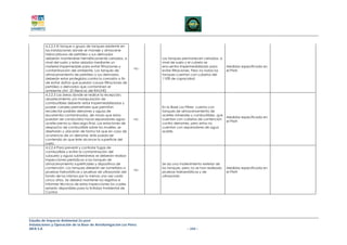 4.2.2.2 El tanque o grupo de tanques existente en
         las instalaciones donde se maneje y almacene
         hidrocarburos de petróleo o sus derivados
         deberán mantenerse herméticamente cerrados, a              Los tanques permanecen cerrados, a
         nivel del suelo y estar aislados mediante un               nivel de suelo y el cubeto se
         material impermeable para evitar filtraciones y            encuentra impermeabilizado para          Medidas especificada en
                                                              nc-
         contaminación del ambiente. Los tanques de                 evitar filtraciones. Pero no todos los   el PMA
         almacenamiento de petróleo o sus derivados                 tanques cuentan con cubetos del
         deberán estar protegidos contra la corrosión a fin         110% de capacidad
         de evitar daños que puedan causar filtraciones de
         petróleo o derivados que contaminen el
         ambiente (Art. 25 literal e) del RAOHE)
         4.2.2.3 Las áreas donde se realice la recepción,
         abastecimiento y/o manipulación de
         combustibles deberán estar impermeabilizadas y
         poseer canales perimetrales que permitan                   En la Base Los Pérez cuenta con
         recolectar posibles derrames y aguas de                    tanques de almacenamiento de
         escorrentía contaminadas, de modo que estos                aceites minerales y combustibles, que
                                                                                                             Medidas especificada en
         puedan ser conducidos hacia separadores agua-        nc-   cuentan con cubetos de contención
                                                                                                             el PMA
         aceite previa su descarga final. Las estaciones de         contra derrames, pero estos no
         despacho de combustible sobre los muelles, se              cuentan con separadores de agua
         diseñarán y ubicarán de forma tal que en caso de           aceite.
         ocurrencia de un derrame, éste pueda ser
         contenido sin que éste alcance la superficie del
         suelo.
         4.2.2.4 Para prevenir y controlar fugas de
         combustible y evitar la contaminación del
         subsuelo y aguas subterráneas se deberán realizar
         inspecciones periódicas a los tanques de
         almacenamiento superficiales y dispositivos de             Se da una matenimiento exterior de
         contención. Los tanques deberán ser sometidos a            los tanques, pero no se han realizado    Medidas especificada en
                                                              nc-
         pruebas hidrostáticas y pruebas de ultrasonido del         pruebas hidroestáticas y de              el PMA
         fondo de los mismos por lo menos una vez cada              ultrasonido
         cinco años. Se deberá mantener los registros e
         informes técnicos de estas inspecciones los cuales
         estarán disponibles para la Entidad Ambiental de
         Control




Estudio de Impacto Ambiental Ex-post
Instalaciones y Operación de la Base de Aerofumigación Los Pérez
AIFA S.A                                                                           – 244 –
 