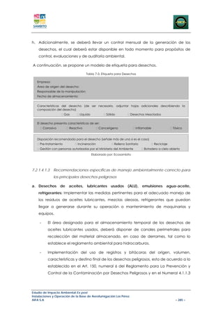 h. Adicionalmente, se deberá llevar un control mensual de la generación de los
    desechos, el cual deberá estar disponible en todo momento para propósitos de
    control, evaluaciones y de auditoría ambiental.

A continuación, se propone un modelo de etiqueta para desechos.

                                     Tabla 7-3. Etiqueta para Desechos

   Empresa:
   Área de origen del desecho:
   Responsable de la manipulación:
   Fecha de almacenamiento:


   Características del desecho (de ser necesario, adjuntar hojas adicionales describiendo la
   composición del desecho)
                       Gas       Líquido            Sólido          Desechos Mezclados

   El desecho presenta características de ser:
         Corrosivo        Reactivo             Cancerígeno              Inflamable               Tóxico


   Disposición recomendada para el desecho (señale más de una si es el caso)
     Pre-tratamiento           Incineración              Relleno Sanitario           Reciclaje
     Gestión con personas autorizadas por el Ministerio del Ambiente         Botadero a cielo abierto
                                           Elaborado por: Ecosambito




7.2.1.4.1.3     Recomendaciones específicas de manejo ambientalmente correcto para
                los principales desechos peligrosos

a. Desechos          de   aceites,   lubricantes       usados     (ALU),     emulsiones      agua-aceite,
    refrigerantes: Implementar las medidas pertinentes para el adecuado manejo de
    los residuos de aceites lubricantes, mezclas oleosas, refrigerantes que puedan
    llegar a generarse durante su operación o mantenimiento de maquinarias y
    equipos.

     -      El área designada para el almacenamiento temporal de los desechos de
            aceites lubricantes usados, deberá disponer de canales perimetrales para
            recolección del material almacenado, en caso de derrames, tal como lo
            establece el reglamento ambiental para hidrocarburos.

     -      Implementación del uso de registros y bitácoras del origen, volumen,
            características y destino final de los desechos peligrosos, esto de acuerdo a lo
            establecido en el Art. 150, numeral 6 del Reglamento para La Prevención y
            Control de la Contaminación por Desechos Peligrosos y en el Numeral 4.1.1.3




Estudio de Impacto Ambiental Ex-post
Instalaciones y Operación de la Base de Aerofumigación Los Pérez
AIFA S.A                                                                                          – 285 –
 