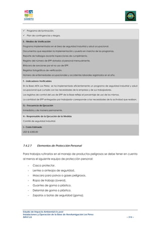 Programa de iluminación.

   Plan de contingencias y riesgos.

E.- Medios de Verificación

Programa implementados en el área de seguridad industrial y salud ocupacional.

Documentos que respalden la implementación y puesta en marcha de los programas.

Reporte de hallazgos durante inspecciones de cumplimiento.

Registro del número de EPP dotados al personal mensualmente.

Bitácora de sanciones por el no uso de EPP.

Registros fotográficos de verificación.

Número de enfermedades ocupacionales y accidentes laborales registrados en el año.

F.- Indicadores Verificables

En la Base AIFA Los Pérez se ha implementado eficientemente un programa de seguridad industrial y salud
ocupacional que cumple con las necesidades de la empresa y de sus trabajadores.

Los registros de control del uso de EPP de la Base refleja el porcentaje de uso de los mismos.

La cantidad de EPP entregados por trabajador corresponde a las necesidades de la actividad que realizan.

G.- Frecuencia de Ejecución

Inmediata y de manera permanente.

H.- Responsable de la Ejecución de la Medida

Comité de seguridad industrial.

I.- Costo Estimado

USD $ 4.000,00




7.4.2.7       Elementos de Protección Personal


Para trabajos rutinarios en el manejo de productos peligrosos se debe tener en cuenta
al menos el siguiente equipo de protección personal:

    -     Casco protector.
    -     Lentes o anteojos de seguridad.
    -     Mascara para polvos o gases peligrosos.
    -     Ropa de trabajo (overol).
    -     Guantes de goma o plástico.
    -     Delantal de goma o plástico.
    -     Zapatos o botas de seguridad (goma).




Estudio de Impacto Ambiental Ex-post
Instalaciones y Operación de la Base de Aerofumigación Los Pérez
AIFA S.A                                                                                         – 314 –
 