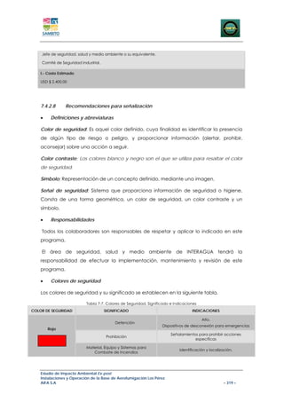 Jefe de seguridad, salud y medio ambiente o su equivalente.

    Comité de Seguridad Industrial.

    I.- Costo Estimado

    USD $ 2.400,00




    7.4.2.8      Recomendaciones para señalización

    •    Definiciones y abreviaturas

    Color de seguridad: Es aquel color definido, cuya finalidad es identificar la presencia
    de algún tipo de riesgo o peligro, y proporcionar información (alertar, prohibir,
    aconsejar) sobre una acción a seguir.

    Color contraste: Los colores blanco y negro son el que se utiliza para resaltar el color
    de seguridad.

    Símbolo: Representación de un concepto definido, mediante una imagen.

    Señal de seguridad: Sistema que proporciona información de seguridad o higiene.
    Consta de una forma geométrica, un color de seguridad, un color contraste y un
    símbolo.

    •    Responsabilidades

    Todos los colaboradores son responsables de respetar y aplicar lo indicado en este
    programa.

    El área de seguridad, salud y medio ambiente de INTERAGUA tendrá la
    responsabilidad de efectuar la implementación, mantenimiento y revisión de este
    programa.

    •    Colores de seguridad

    Los colores de seguridad y su significado se establecen en la siguiente tabla.

                           Tabla 7-7. Colores de Seguridad, Significado e Indicaciones
COLOR DE SEGURIDAD                    SIGNIFICADO                                  INDICACIONES

                                                                                         Alto.
                                          Detención
                                                                   Dispositivos de desconexión para emergencias
        Rojo
                                                                        Señalamientos para prohibir acciones
                                      Prohibición
                                                                                    especificas

                           Material, Equipo y Sistemas para
                                                                            Identificación y localización.
                              Combate de Incendios




    Estudio de Impacto Ambiental Ex-post
    Instalaciones y Operación de la Base de Aerofumigación Los Pérez
    AIFA S.A                                                                                         – 319 –
 