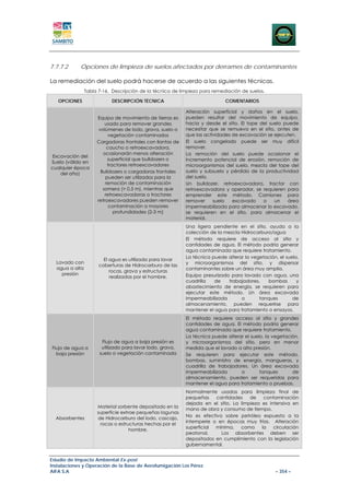 7.7.7.2     Opciones de limpieza de suelos afectados por derrames de contaminantes

La remediación del suelo podrá hacerse de acuerdo a las siguientes técnicas.
                Tabla 7-16. Descripción de la técnica de limpieza para remediación de suelos.

   OPCIONES                DESCRIPCIÓN TÉCNICA                              COMENTARIOS

                                                           Alteración superficial y daños en el suelo,
                     Equipo de movimiento de tierras es    pueden resultar del movimiento de equipo,
                         usado para remover grandes        hacia y desde el sitio. El tope del suelo puede
                      volúmenes de lodo, grava, suelo o    necesitar que se remueva en el sitio, antes de
                           vegetación contaminados         que las actividades de excavación se ejecuten.
                     Cargadoras frontales con llantas de   El suelo congelado puede ser muy difícil
                          caucho o retroexcavadora,        remover.
                        ocasionarán menos alteración       La remoción del suelo puede ocasionar el
 Excavación del
                          superficial que bulldozers o     incremento potencial de erosión, remoción de
Suelo (válido en
                          tractores retroexcavadores       microorganismos del suelo, mezcla del tope del
cualquier época
                       Bulldozers o cargadoras frontales   suelo y subsuelo y pérdida de la productividad
    del año)
                         pueden ser utilizados para la     del suelo.
                         remoción de contaminación         Un bulldozer, retroexcavadora, tractor con
                        somera (> 0.5 m), mientras que     retroexcavadora y operador, se requieren para
                         retroexcavadoras o tractores      emprender este método. Camiones para
                     retroexcavadores pueden remover       remover     suelo   excavado     o    un   área
                           contaminación a mayores         impermeabilizada para almacenar lo excavado,
                             profundidades (2-3 m)         se requieren en el sitio, para almacenar el
                                                           material.
                                                           Una ligera pendiente en el sitio, ayuda a la
                                                           colección de la mezcla Hidrocarburo/agua
                                                           El método requiere de acceso al sitio y
                                                           cantidades de agua. El método podría generar
                                                           agua contaminada que requiere tratamiento.
                                                           La técnica puede alterar la vegetación, el suelo,
                        El agua es utilizada para lavar
  Lavado con                                               y microorganismos del sitio, y dispersar
                      coberturas de Hidrocarburo de las
  agua a alta                                              contaminantes sobre un área muy amplia.
                           rocas, grava y estructuras
    presión                                                Equipo presurizado para lavado con agua, una
                           realizadas por el hombre.
                                                           cuadrilla   de    trabajadores,   bombas        y
                                                           abastecimiento de energía, se requieren para
                                                           ejecutar este método. Un área excavada
                                                           impermeabilizada       o       tanques        de
                                                           almacenamiento, pueden requerirse para
                                                           mantener el agua para tratamiento o ensayos.
                                                           El método requiere acceso al sitio y grandes
                                                           cantidades de agua. El método podría generar
                                                           agua contaminada que requiere tratamiento.
                                                           La técnica puede alterar el suelo, la vegetación,
                       Flujo de agua a baja presión es     y microorganismos del sitio, pero en menor
Flujo de agua a        utilizado para lavar lodo, grava,   medida que el lavado a alta presión.
  baja presión        suelo o vegetación contaminada       Se requieren para ejecutar este método,
                                                           bombas, suministro de energía, mangueras, y
                                                           cuadrilla de trabajadores. Un área excavada
                                                           impermeabilizada       o        tanques       de
                                                           almacenamiento, pueden ser requeridas para
                                                           mantener el agua para tratamiento o pruebas.
                                                           Normalmente usadas para limpieza final de
                                                           pequeñas    cantidades     de    contaminación
                                                           dejada en el sitio. La limpieza es intensiva en
                     Material sorbente depositado en la
                                                           mano de obra y consumo de tiempo.
                     superficie extrae pequeñas lagunas
                                                           No es efectivo sobre petróleo expuesto a la
  Absorbentes        de Hidrocarburo del lodo, cascajo,
                                                           intemperie o en épocas muy frías. Alteración
                      rocas o estructuras hechas por el
                                                           superficial mínima,    como     la   circulación
                                    hombre.
                                                           peatonal.     Los absorbentes deben ser
                                                           depositados en cumplimiento con la legislación
                                                           gubernamental.


Estudio de Impacto Ambiental Ex-post
Instalaciones y Operación de la Base de Aerofumigación Los Pérez
AIFA S.A                                                                                         – 354 –
 