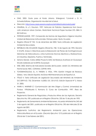 •    OMS, 2003. Guías para el Ruido Urbano. B.Berglund, T.Lindvall y D. H.
     Schwela,Editores. Organización Mundial de la Salud.
•    Dirección: http://www.cepis.opsoms.org/bvsci/e/fulltest/ruido/ruido2.pdef
•    ONURSAL, B, y S. Gautam, 1997. Vehicular Air Pollution. Experiences from Seven
     Latin American Urban Centers. World Bank Technical Paper Number 373. ISBN: 0-
     8213-4016-6.
•    PETROECUADOR, 1997. Compendio de Normas de Seguridad e Higiene Industrial.
     Unidad de Relaciones Institucionales, Petroecuador, Quito, Ecuador.
•    Registro Oficial Nº 725, 16 de diciembre del 2002. Texto Unificado de Legislación
     Ambiental Secundaria.
•    REPÚBLICA DEL ECUADOR. Registro Oficial No. 758, 14 de Agosto de 1995. Decreto
     # 416/95. Anexo 3. Directrices para la Elaboración de Planes de Contingencia por
     Derrames de Hidrocarburos y otras Sustancias Nocivas (Químicos y Radioactivos),
     en Industrias, Depósitos, Puertos y Terminales.
•    Serrano Decker, Carlos (2006) Proyecto MAC de Residuos Aceitosos en Guayaquil.
     Estudio realizado por la ESPOL Guayaquil.
•    SIISE, 2002. Sistema de Indicadores Sociales del Ecuador, versión 2.5, Ministerios del
     Frente Social, INEC, CONAMU, CEPAR, INFA.
•    TCHOBANOGLOUS, G., H. THEISEN, S. VIGIL, 1994. Gestión Integral de Residuos
     Sólidos. 1era. Edición Español. McGraw-Hill/Interamericana de España S.A.
•    TITULO V. Texto Unificado de Legislación Secundaria del Ministerio de Ambiente
     D:E 3399 R.O. 752, Diciembre 16,2002; D.E. 3516 R.O. Edición Especial N° 2, Marzo
     31, 2003.
•    WARK K, WARNER C1 Contaminación del Aire Origen y Control, Universidad de
     Purdue, 1996.Brizuela E. Romano D. Curso de Combustión, 1997. Área de
     Proyectos.
•    Reglamento General de Plaguicidas y Productos Afines de Uso Agrícola, Decreto
     Ejecutivo No. 939, publicado en el Registro Oficial No. 233 de 15 de julio de 1993
•    Reglamento de Saneamiento Ambiental Bananero, Acuerdo Ministerial No 245 del
     2 de agosto del 2001, publicado en el Registro Oficial No. 395 del miércoles 22 de
     Agosto del 2001.
•    Reglamento Sustitutivo del Reglamento Ambiental para las Operaciones
     Hidrocarburíferas en el Ecuador. (Decreto Ejecutivo 1215 publicado en el Registro
     Oficial del 13 de Febrero del 2001)




Estudio de Impacto Ambiental Ex-post
Instalaciones y Operación de la Base de Aerofumigación Los Pérez
AIFA S.A                                                                          – 371 –
 