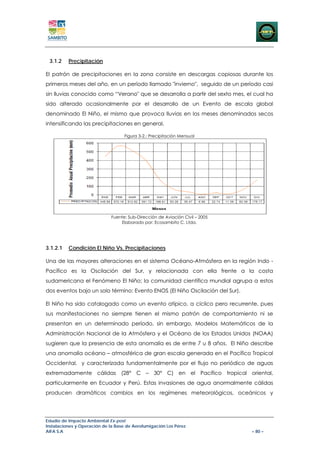 3.1.2    Precipitación

El patrón de precipitaciones en la zona consiste en descargas copiosas durante los
primeros meses del año, en un período llamado "invierno", seguido de un período casi
sin lluvias conocido como “Verano" que se desarrolla a partir del sexto mes, el cual ha
sido alterado ocasionalmente por el desarrollo de un Evento de escala global
denominado El Niño, el mismo que provoca lluvias en los meses denominados secos
intensificando las precipitaciones en general.

                                    Figura 3-2.: Precipitación Mensual




                             Fuente: Sub-Dirección de Aviación Civil – 2005
                                 Elaborado por: Ecosambito C. Ltda.




3.1.2.1   Condición El Niño Vs. Precipitaciones

Una de las mayores alteraciones en el sistema Océano-Atmósfera en la región Indo -
Pacífico es la Oscilación del Sur, y relacionada con ella frente a la costa
sudamericana el Fenómeno El Niño; la comunidad científica mundial agrupa a estos
dos eventos bajo un solo término: Evento ENOS (El Niño Oscilación del Sur).

El Niño ha sido catalogado como un evento atípico, a cíclico pero recurrente, pues
sus manifestaciones no siempre tienen el mismo patrón de comportamiento ni se
presentan en un determinado período, sin embargo, Modelos Matemáticos de la
Administración Nacional de la Atmósfera y el Océano de los Estados Unidos (NOAA)
sugieren que la presencia de esta anomalía es de entre 7 u 8 años. El Niño describe
una anomalía océano – atmosférica de gran escala generada en el Pacífico Tropical
Occidental, y caracterizada fundamentalmente por el flujo no periódico de aguas
extremadamente cálidas (28° C – 30° C) en el Pacífico tropical oriental,
particularmente en Ecuador y Perú. Estas invasiones de agua anormalmente cálidas
producen dramáticos cambios en los regímenes meteorológicos, oceánicos y




Estudio de Impacto Ambiental Ex-post
Instalaciones y Operación de la Base de Aerofumigación Los Pérez
AIFA S.A                                                                      – 80 –
 
