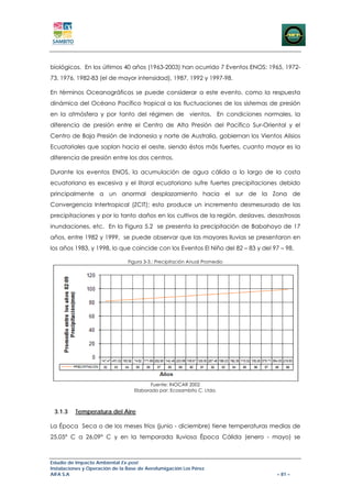 biológicos. En los últimos 40 años (1963-2003) han ocurrido 7 Eventos ENOS: 1965, 1972-
73, 1976, 1982-83 (el de mayor intensidad), 1987, 1992 y 1997-98.

En términos Oceanográficos se puede considerar a este evento, como la respuesta
dinámica del Océano Pacífico tropical a las fluctuaciones de los sistemas de presión
en la atmósfera y por tanto del régimen de vientos. En condiciones normales, la
diferencia de presión entre el Centro de Alta Presión del Pacífico Sur-Oriental y el
Centro de Baja Presión de Indonesia y norte de Australia, gobiernan los Vientos Alisios
Ecuatoriales que soplan hacia el oeste, siendo éstos más fuertes, cuanto mayor es la
diferencia de presión entre los dos centros.

Durante los eventos ENOS, la acumulación de agua cálida a lo largo de la costa
ecuatoriana es excesiva y el litoral ecuatoriano sufre fuertes precipitaciones debido
principalmente a un anormal desplazamiento hacia el sur de la Zona de
Convergencia Intertropical (ZCIT); esto produce un incremento desmesurado de las
precipitaciones y por lo tanto daños en los cultivos de la región, deslaves, desastrosas
inundaciones, etc. En la Figura 5.2 se presenta la precipitación de Babahoyo de 17
años, entre 1982 y 1999, se puede observar que las mayores lluvias se presentaron en
los años 1983, y 1998, lo que coincide con los Eventos El Niño del 82 – 83 y del 97 – 98.

                                Figura 3-3.: Precipitación Anual Promedio




                                         Fuente: INOCAR 2002
                                  Elaborado por: Ecosambito C. Ltda.



 3.1.3    Temperatura del Aire

La Época Seca o de los meses fríos (junio - diciembre) tiene temperaturas medias de
25,05° C a 26,09° C y en la temporada lluviosa Época Cálida (enero - mayo) se



Estudio de Impacto Ambiental Ex-post
Instalaciones y Operación de la Base de Aerofumigación Los Pérez
AIFA S.A                                                                          – 81 –
 