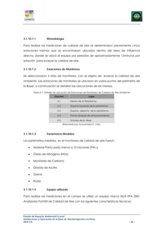 3.1.10.1.1          Metodología

Para realizar las mediciones de calidad de aire se determinaron previamente cinco
estaciones mismas que se encontraban ubicadas dentro del área de influencia
directa, donde se ubicó el equipo por periodos de aproximadamente 15minutos por
estación para evaluar la calidad de aire.


3.1.10.1.2          Estaciones de Monitoreo

Se seleccionaron 5 sitios de monitoreo, con el objeto de evaluar la calidad de aire
ambiente. Las estaciones de monitoreo se ubicaron en varios puntos del perímetro de
la Baser, a continuación se detallan las ubicaciones de las mismas.

        Tabla 3-1. Detalle de ubicación de Estaciones de Monitoreo de Calidad de Aire Ambiente
                           Estación                        Lugar

                              E-1          Dentro de la Plataforma

                              E-2          Esquina izquierda de la plataforma

                              E-3          Esquina derecha de la plataforma

                              E-4          Por los tanques de almacenamiento

                              E-5          Entrada de la Base
                                    Elaborado por: Ecosambito C. Ltda.



3.1.10.1.3          Parámetros Medidos

Los parámetros medidos en el monitoreo de calidad de aire fueron:

    •   Material Particulado menor a 10 micrones (PM10)

    •   Óxido de Nitrógeno (NOx)

    •   Monóxido de Carbono

    •   Dióxido de Azufre

    •   Ozono

    •   Ruido


3.1.10.1.4          Equipo utilizado

Para realizar las mediciones en el campo se utilizó un equipo marca XILIX EPA 2001
Analizador Portátil de Calidad de Aire con las siguientes características técnicas:




Estudio de Impacto Ambiental Ex-post
Instalaciones y Operación de la Base de Aerofumigación Los Pérez
AIFA S.A                                                                                     – 86 –
 