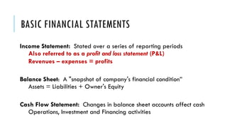 BASIC FINANCIAL STATEMENTS
Income Statement: Stated over a series of reporting periods
Also referred to as a profit and lo...