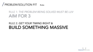 PROBLEM/SOLUTION FIT Rules
RULE 1: THE PROBLEM BEING SOLVED MUST BE LUV
AIM FOR 3
RULE 2: GET YOUR TIMING RIGHT &
BUILD SOMETHING MASSIVE
 