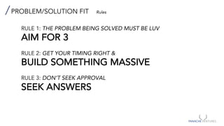 PROBLEM/SOLUTION FIT Rules
RULE 1: THE PROBLEM BEING SOLVED MUST BE LUV
AIM FOR 3
RULE 2: GET YOUR TIMING RIGHT &
BUILD SOMETHING MASSIVE
RULE 3: DON’T SEEK APPROVAL
SEEK ANSWERS
 