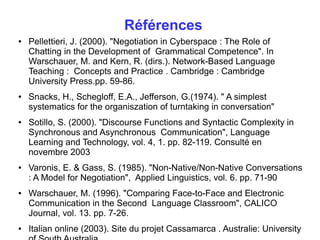 Références 
● Pellettieri, J. (2000). "Negotiation in Cyberspace : The Role of 
Chatting in the Development of Grammatical Competence". In 
Warschauer, M. and Kern, R. (dirs.). Network-Based Language 
Teaching : Concepts and Practice . Cambridge : Cambridge 
University Press.pp. 59-86. 
● Snacks, H., Schegloff, E.A., Jefferson, G.(1974). " A simplest 
systematics for the organiszation of turntaking in conversation" 
● Sotillo, S. (2000). "Discourse Functions and Syntactic Complexity in 
Synchronous and Asynchronous Communication", Language 
Learning and Technology, vol. 4, 1. pp. 82-119. Consulté en 
novembre 2003 
● Varonis, E. & Gass, S. (1985). "Non-Native/Non-Native Conversations 
: A Model for Negotiation", Applied Linguistics, vol. 6. pp. 71-90 
● Warschauer, M. (1996). "Comparing Face-to-Face and Electronic 
Communication in the Second Language Classroom", CALICO 
Journal, vol. 13. pp. 7-26. 
● Italian online (2003). Site du projet Cassamarca . Australie: University 
of South Australia 
