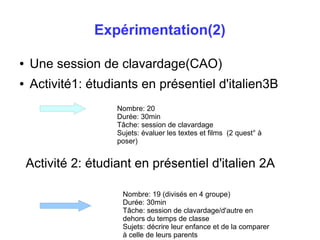 Expérimentation(2) 
● Une session de clavardage(CAO) 
● Activité1: étudiants en présentiel d'italien3B 
Nombre: 20 
Durée: 30min 
Tâche: session de clavardage 
Sujets: évaluer les textes et films (2 quest° à 
poser) 
Activité 2: étudiant en présentiel d'italien 2A 
Nombre: 19 (divisés en 4 groupe) 
Durée: 30min 
Tâche: session de clavardage/d'autre en 
dehors du temps de classe 
Sujets: décrire leur enfance et de la comparer 
à celle de leurs parents 
 