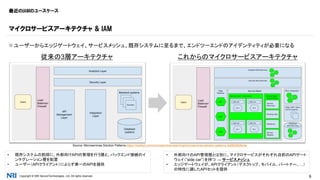 Copyright © NRI SecureTechnologies, Ltd. All rights reserved. 9
最近のIAMのユースケース
 ユーザーからエッジゲートウェイ、サービスメッシュ、既存システムに至るまで、エンドツーエンドのアイデンティティが必要になる
マイクロサービスアーキテクチャ & IAM
従来の3層アーキテクチャ これからのマイクロサービスアーキテクチャ
• 既存システムの前段に、外部向けAPIの管理を行う層と、バックエンド接続のイ
ンテグレーション層を配置
• ユーザー（APIクライアント）によらず単一のAPIを提供
• 外部向けのAPI管理層とは別に、マイクロサービスがそれぞれ自前のAPIゲート
ウェイ（”side car”）を持つ → サービスメッシュ
• エッジゲートウェイが、APIクライアント（デスクトップ、モバイル、パートナー、…）
の特性に適したAPIセットを提供
Source: Microservices Solution Patterns https://medium.com/microservices-learning/microservices-solution-patterns-3a58526dbc9e
 