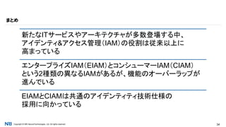 Copyright © NRI SecureTechnologies, Ltd. All rights reserved. 34
まとめ
新たなITサービスやアーキテクチャが多数登場する中、
アイデンティ&アクセス管理（IAM）の役割は従来以上に
高まっている
エンタープライズIAM（EIAM）とコンシューマーIAM（CIAM）
という2種類の異なるIAMがあるが、機能のオーバーラップが
進んでいる
EIAMとCIAMは共通のアイデンティティ技術仕様の
採用に向かっている
 