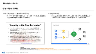 Copyright © NRI SecureTechnologies, Ltd. All rights reserved. 8
最近のIAMのユースケース
 「アイデンティティこそがペリメーター」
 ネットワークや端末ではなく、ユーザーのアイデンティティを起点に
アクセス制御を行うべきという考えかた
 “BeyondCorp”
 Google社は従業員向けシステムをすべてパブリックに配置し、ユー
ザーとデバイスのアイデンティティを用いてアクセスを制御
セキュリティ & IAM
Source:
Cloud Identity Summit 2012 TOI http://www.slideshare.net/tkudo/cis2012toi,
BeyondCorp: Beyond “fortress” security https://conferences.oreilly.com/security/sec-ny/public/schedule/detail/61327
 