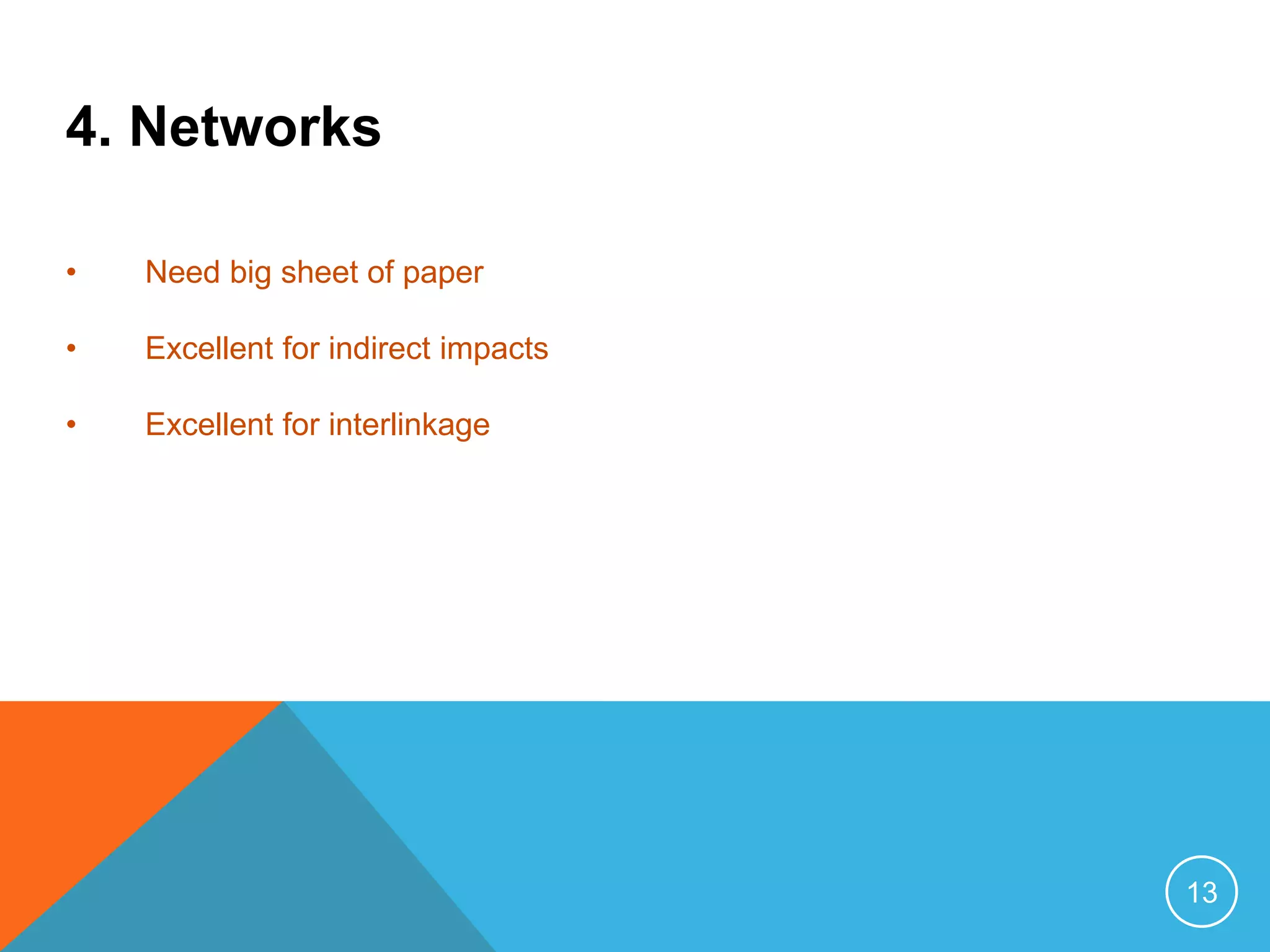 13
4. Networks
• Need big sheet of paper
• Excellent for indirect impacts
• Excellent for interlinkage
 