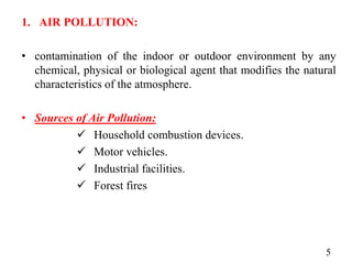 1. AIR POLLUTION:
• contamination of the indoor or outdoor environment by any
chemical, physical or biological agent that modifies the natural
characteristics of the atmosphere.
• Sources of Air Pollution:
 Household combustion devices.
 Motor vehicles.
 Industrial facilities.
 Forest fires
5
 