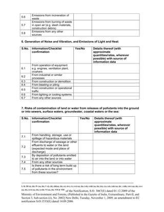 -----------------------------------------------------------------------------------------------------------------------------------------------------------------------
I; II; III (i), (ii); IV (a), (b); V (i), (ii), (iii)(a), (b), (c), (iv), (v), (vi) (a), (b), (vii), (viii) (a), (b), (ix), (x), (xi), (xii) (a), (b) , (xiii), (xiv) (a), (b), (xv)
(a), (b), (xvi) (a), (b), (xvii); VI (a), (b); VII & VIII
of the Notification, S.O. 3067(E) dated 01.12.2009 of the
Ministry of Environment and Forests, (Published in the Gazette of India, Extraordinary, Part-II, and
Section 3, Sub-section (ii), No. 2002] New Delhi, Tuesday, November 1, 2009; an amendment to EC
notification S.O.1533(E) dated 14.09.2006
5.6
Emissions from incineration of
waste
5.7
Emissions from burning of waste
in open air (e.g. slash materials,
construction debris)
5.8
Emissions from any other
sources
6. Generation of Noise and Vibration, and Emissions of Light and Heat:
S.No. Information/Checklist
confirmation
Yes/No Details thereof (with
approximate
quantities/rates, wherever
possible) with source of
information data
6.1
From operation of equipment
e.g. engines, ventilation plant,
crushers
6.2
From industrial or similar
processes
6.3 From construction or demolition
6.4 From blasting or piling
6.5
From construction or operational
traffic
6.6 From lighting or cooling systems
6.7 From any other sources
7. Risks of contamination of land or water from releases of pollutants into the ground
or into sewers, surface waters, groundwater, coastal waters or the sea:
S.No. Information/Checklist
confirmation
Yes/No Details thereof (with
approximate
quantities/rates, wherever
possible) with source of
information data
7.1
From handling, storage, use or
spillage of hazardous materials
7.2
From discharge of sewage or other
effluents to water or the land
(expected mode and place of
discharge)
7.3
By deposition of pollutants emitted
to air into the land or into water
7.4 From any other sources
7.5
Is there a risk of long term build up
of pollutants in the environment
from these sources?
 