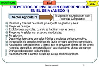 INICIO   HOME                              SEIA                                  MENÚ
          PROYECTOS DE INVERSION COMPRENDIDOS
                  EN EL SEIA (ANEXO 1)
           Sector Agricultura                      El Ministerio de Agricultura es la
                                                        Autoridad Competente.
    a)   Planteles y establos de crianza y/o engorda de ganado y aves.
    b)   Proyectos de riego.
    c)   Explotaciones agrícolas, cuando se habiliten nuevas tierras.
    d)   Proyectos forestales con especies introducidas.
    e)   Forestación.
    f)   Desarrollos forestales en suelos frágiles o cubiertos de bosque nativo.
    g)   Introducción de especies exóticas de fauna terrestre con fines comerciales.
    h)   Actividades, construcciones u obras que se proyecten dentro de las áreas
         naturales protegidas, comprendidas en sus respectivos planes de manejo.
    i)   Drenaje o desecación de humedales.
    j)   Fraccionamiento o cambio de uso de suelos con fines urbanos.


                                         j.pomachagua p.                  110
 