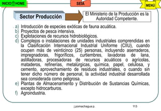 INICIO   HOME                            SEIA                                     MENÚ

                                                El Ministerio de la Producción es la
              Sector Producción                       Autoridad Competente.
         a) Introducción de especies exóticas de fauna acuática.
         b) Proyectos de pesca intensiva.
         c) Explotaciones de recursos hidrobiológicos.
         d) Complejos o instalaciones de unidades industriales comprendidas en
            la Clasificación Internacional Industrial Uniforme (CIIU), cuando
            ocupen más de veinticinco (25) personas, incluyendo aserraderos,
            impregnadoras, frigoríficos, curtiembres, lavadoras de lana,
            astilladoras, procesadoras de recursos acuáticos o agrícolas,
            mataderos, refinerías, metalúrgicas, química, papel, celulosa, y
            cemento, aprovechamiento de residuos industriales, o cuando sin
            tener dicho número de personal, la actividad industrial desarrollada
            sea considerada como peligrosa.
         e) Plantas de Almacenamiento y Distribución de Sustancias Químicas,
            excepto hidrocarburos.
         f) Agroindustria.

                                        j.pomachagua p.                   113
 
