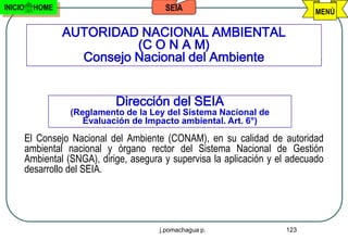INICIO     HOME                            SEIA                                 MENÚ

                  AUTORIDAD NACIONAL AMBIENTAL
                            (C O N A M)
                    Consejo Nacional del Ambiente


                               Dirección del SEIA
                    (Reglamento de la Ley del Sistema Nacional de
                       Evaluación de Impacto ambiental. Art. 6°)

         El Consejo Nacional del Ambiente (CONAM), en su calidad de autoridad
         ambiental nacional y órgano rector del Sistema Nacional de Gestión
         Ambiental (SNGA), dirige, asegura y supervisa la aplicación y el adecuado
         desarrollo del SEIA.




                                          j.pomachagua p.               123
 