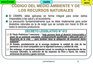 INICIO     HOME                               CMARN                                      MENÚ
              CÓDIGO DEL MEDIO AMBIENTE Y DE
                LOS RECURSOS NATURALES
           El CMARN, debe aplicarse en forma integral para evitar daños
           irreparables a las salud y el ecosistema.
           La precaución fundamentalmente que se debe implementar para evitar
           desastres naturales es la de exigir que se cumpla con hacer lo EIA en
           todos lo sectores productivos
                            DECRETO LEGISLATIVO N° 613
          El Título Preliminar I menciona : “toda persona tiene el derecho irrenunciable a
           gozar de un ambiente saludable, ecológicamente equilibrado y adecuado para el
           desarrollo de la vida, … pero también tiene la obligación de conservar dicho
           ambiente”.
          Al Estado, paralelamente se le encarga mantener la calidad de vida de las
           personas a un nivel compatible con la dignidad humana y calidad de vida.
          Sin embargo, el panorama ambiental actual, lo constituye la depredación de los
           recursos naturales, la extinción de las especies de flora y fauna, los ruidos,
           emisiones de polvos y gases nocivos.


                                              j.pomachagua p.                    13
 