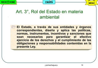 INICIO   HOME                  CMARN                        MENÚ



                Art. 3°, Rol del Estado en materia
                             ambiental

           El Estado, a través de sus entidades y órganos
            correspondientes, diseña y aplica las políticas,
            normas, instrumentos, incentivos y sanciones que
            sean necesarios para garantizar el efectivo
            ejercicio de los derechos y el cumplimiento de las
            obligaciones y responsabilidades contenidas en la
            presente Ley.




                               j.pomachagua p.         14
 