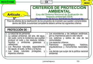 INICIO    HOME                                       CA                                           MENÚ

                                     CRITERIOS DE PROTECCIÓN
                                            AMBIENTAL
         Artículo .                      (Ley del Sistema Nacional de Evaluación de
                                                   Impacto ambiental) SEIA
             5°                             (Reglamento de la Ley del Sistema Nacional de
         Para los efectos de la clasificación Evaluación de de inversión que queden comprendidos
                                              de los proyectos Impacto ambiental. Art.. 26°)
              dentro del SEIA, la autoridad competente deberá ceñirse los siguientes criterios

         PROTECCIÓN DE :
     a. La salud de las personas.                     e. Los ecosistemas y las bellezas escénicas,
     b. La calidad ambiental, del aire, del agua,        por su importancia para la vida natural
        del suelo, como la incidencia que puedan      f. Los sistemas y estilos de vida de las
        producir el ruido y los residuos sólidos,        comunidades;
        líquidos y emisiones gaseosas y               g. Los espacios urbanos;
        radiactivas.                                  h. Patrimonio      arqueológico,       histórico,
     c. Los Recursos naturales, especialmente            arquitectónicos y monumentos nacionales;
        las aguas, el suelo, la flora y la fauna).       e,
     d. Las áreas naturales protegidas, y             i. Los demás que surjan de la política nacional
        espacios urbanos.                                ambiental.


                                                 j.pomachagua p.                         153
 
