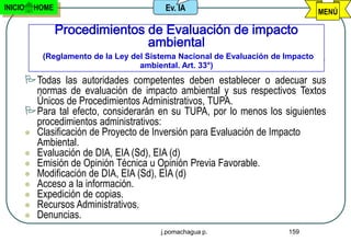 INICIO     HOME                            Ev. IA                                  MENÚ

                  Procedimientos de Evaluación de impacto
                                 ambiental
             (Reglamento de la Ley del Sistema Nacional de Evaluación de Impacto
                                     ambiental. Art. 33°)
         Todas las autoridades competentes deben establecer o adecuar sus
           normas de evaluación de impacto ambiental y sus respectivos Textos
           Únicos de Procedimientos Administrativos, TUPA.
         Para tal efecto, considerarán en su TUPA, por lo menos los siguientes
           procedimientos administrativos:
          Clasificación de Proyecto de Inversión para Evaluación de Impacto
           Ambiental.
          Evaluación de DIA, EIA (Sd), EIA (d)
          Emisión de Opinión Técnica u Opinión Previa Favorable.
          Modificación de DIA, EIA (Sd), EIA (d)
          Acceso a la información.
          Expedición de copias.
          Recursos Administrativos.
          Denuncias.

                                          j.pomachagua p.                159
 