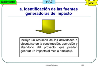 INICIO   HOME                      Ev. IA                          MENÚ

                a. Identificación de las fuentes
                    generadoras de impacto




                Incluye un resumen de las actividades a
                ejecutarse en la construcción, operación y
                abandono del proyecto, que puedan
                generar un impacto al medio ambiente.



                                  j.pomachagua p.            168
 